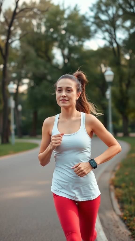 A woman jogging in a park, showcasing a healthy lifestyle.