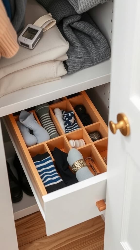 A neatly organized drawer with wooden dividers holding socks and accessories.