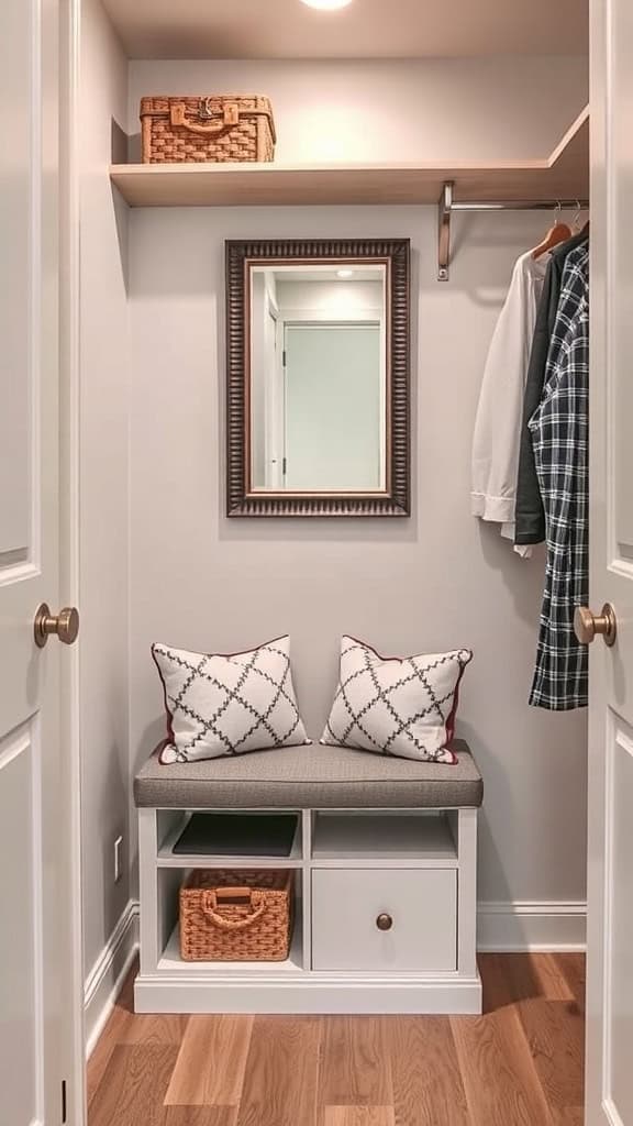 A small walk-in closet featuring a bench with storage, a mirror, and a shelf above.