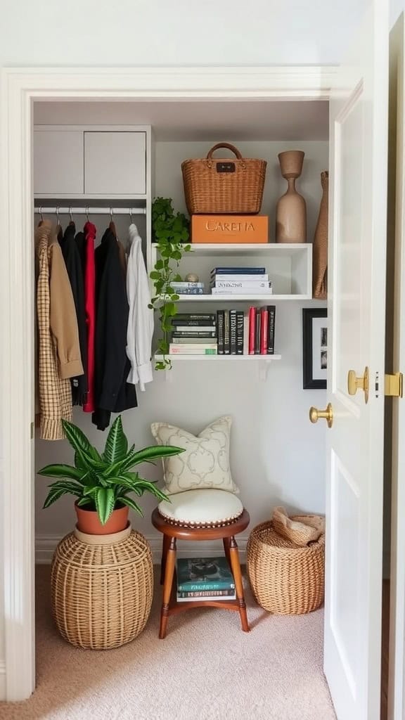 Cozy reading nook in a small walk-in closet with a rocking chair and bookshelf.