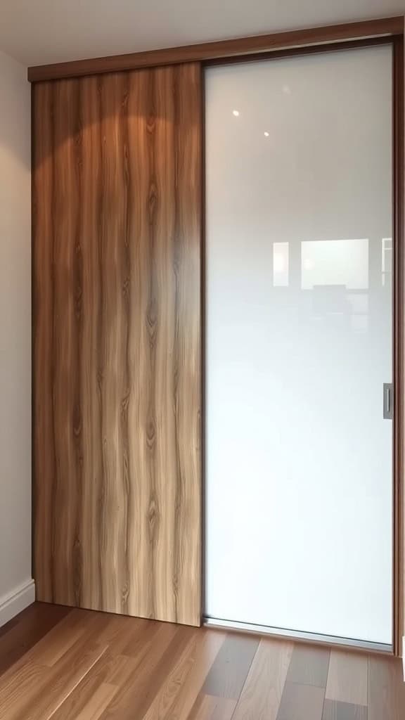 A modern sliding door design featuring wood and frosted glass, ideal for small walk-in closets.