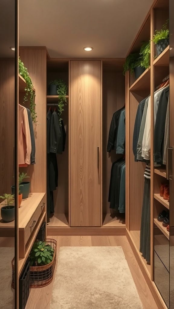 A stylish walk-in closet featuring wooden shelves, clothing, and various plants in pots.