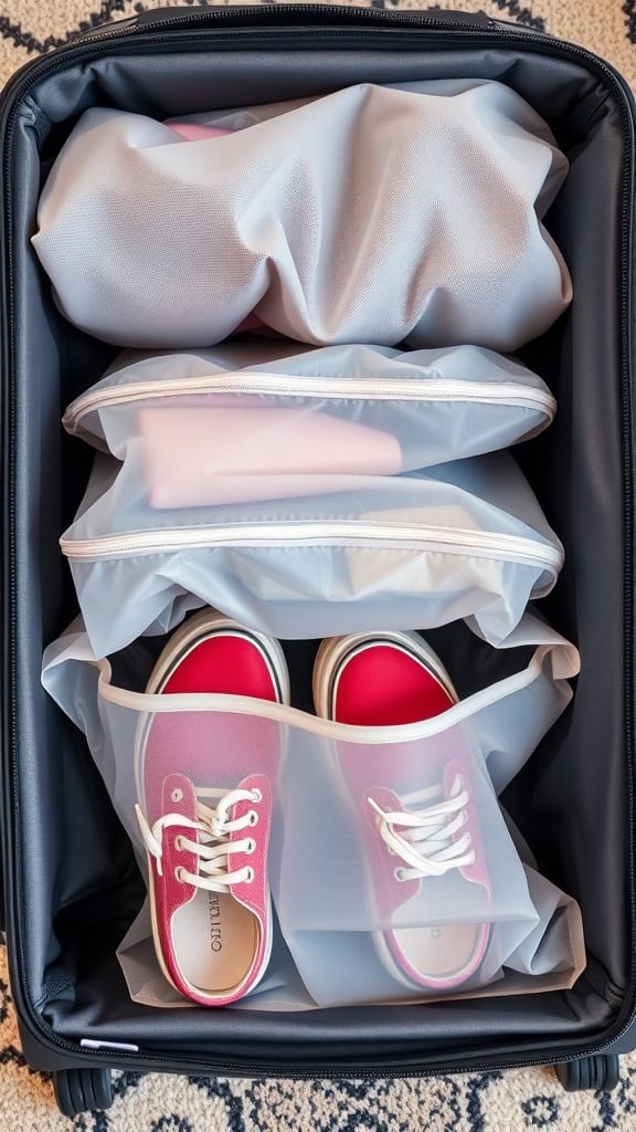 A suitcase organized with shoe storage bags, showing different pairs of shoes neatly packed.