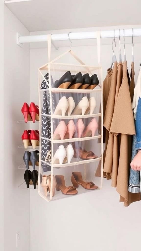 A hanging shoe organizer filled with various types of shoes, showcasing an organized closet space.