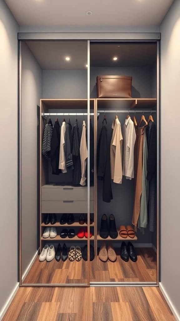 A sliding door closet with mirrors, showcasing organized clothing and shoes.