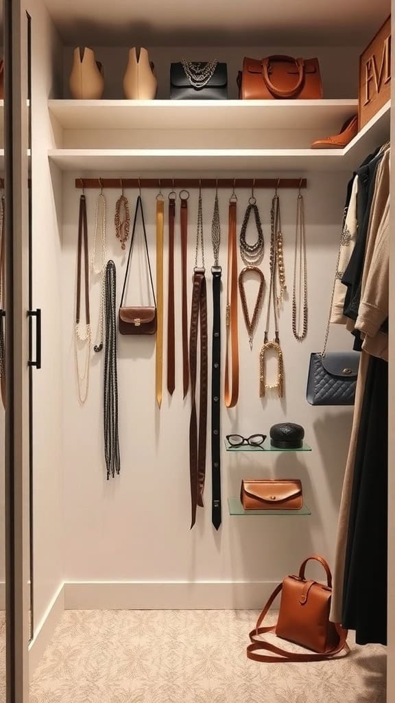 A well-organized closet displaying accessories including bags, jewelry, and belts.