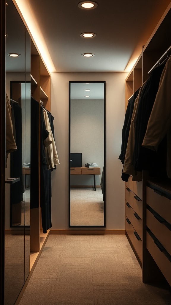 A small walk-in closet featuring a full-length mirror, clothing on hangers, and a stylish design.