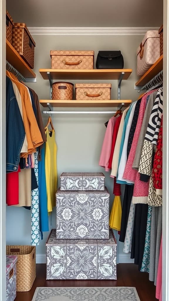 A corner closet featuring open shelving with colorful clothing, storage boxes, and a woven basket.