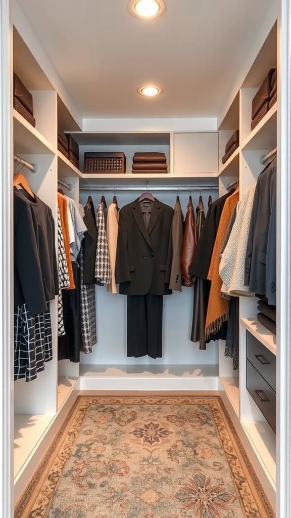 Organized small walk-in closet with clothing zones and a drawer unit.