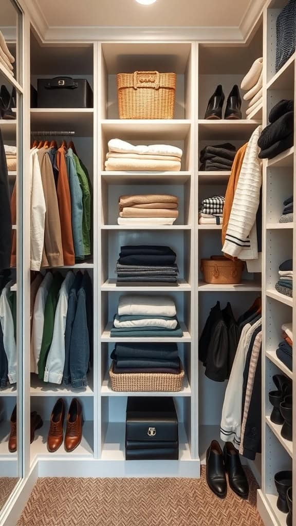 Organized closet with custom built-in shelving, featuring neatly arranged clothes and storage baskets.