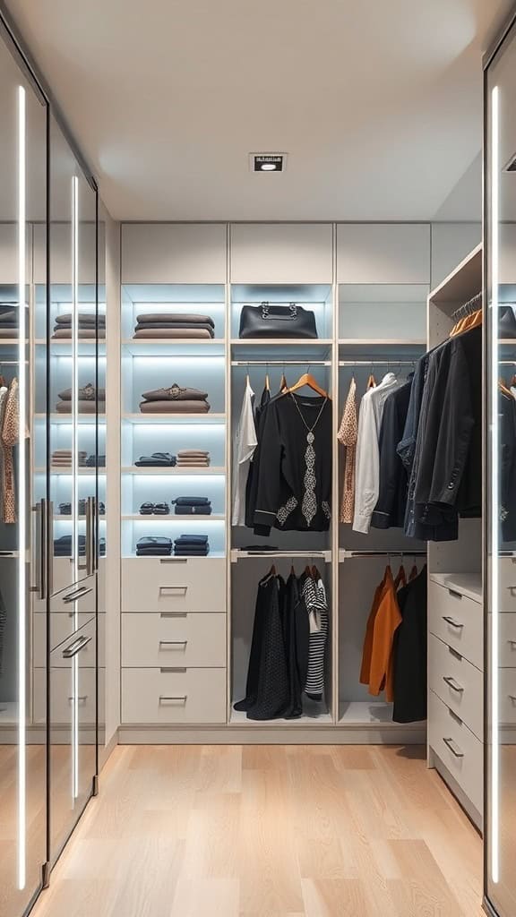 A modern closet with smart technology integration, featuring mirrored doors, organized shelves, and smart lighting.