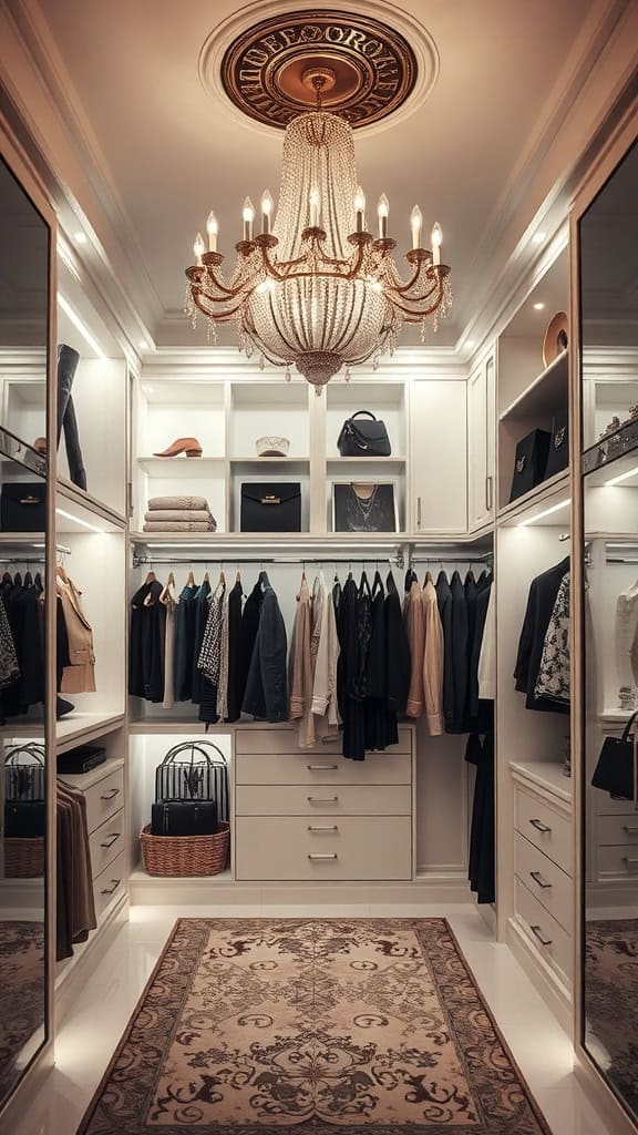 Luxurious closet with chandelier, organized clothing, and elegant decor