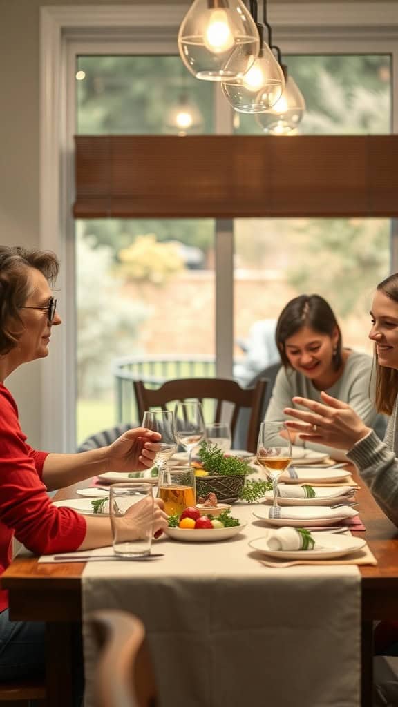 A cozy dining scene with three women enjoying a meal and engaging in conversation.