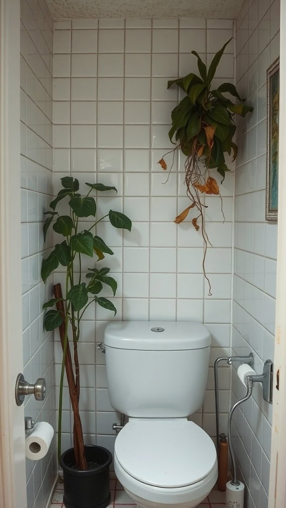 A bathroom with neglected plants and fallen leaves on the floor.