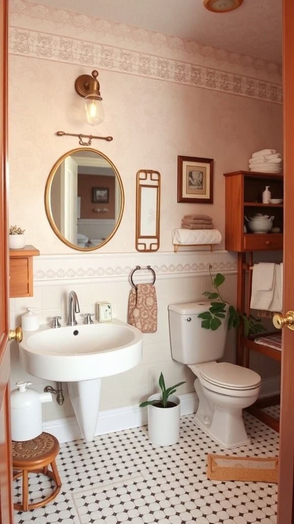 A cozy bathroom with a mirror, light fixture, and neatly arranged towels.