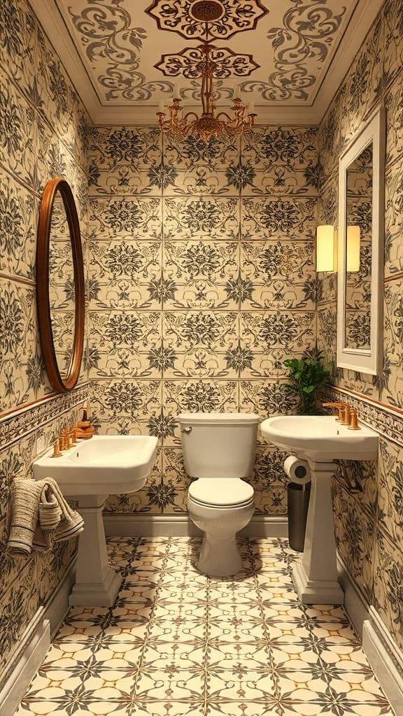 A bathroom with intricate and busy patterns on the walls and floor.