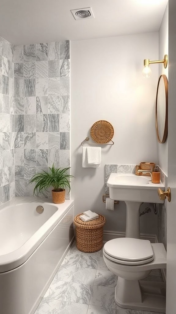 A modern bathroom with a mix of textures including tiles, a plant, and woven baskets.