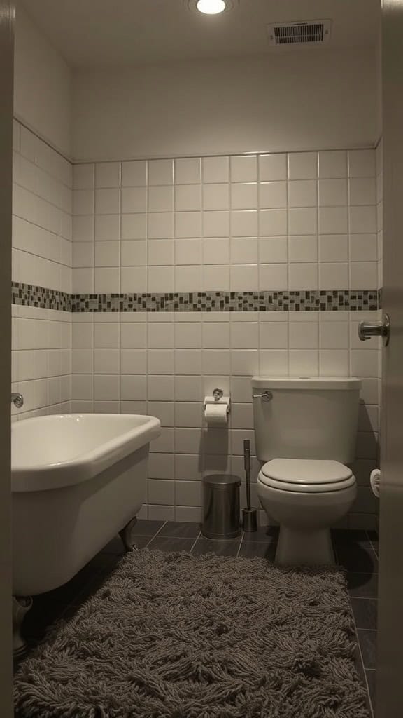 A bathroom with a fluffy rug, bathtub, and toilet.