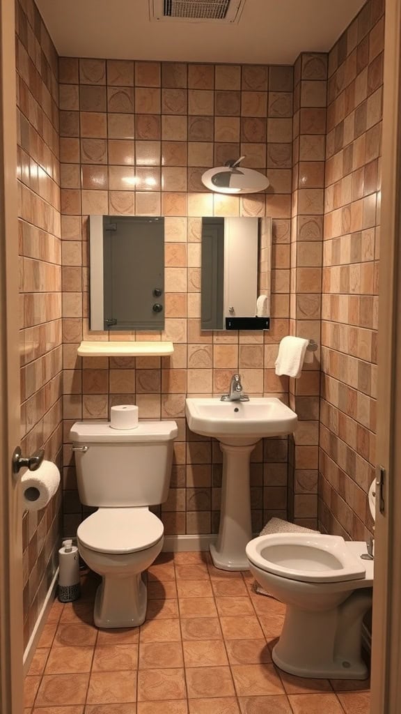 A small bathroom with poorly placed fixtures including a toilet, sink, and bidet.