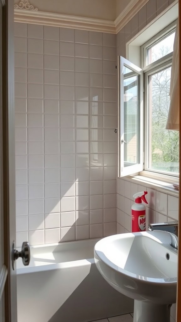 A clean bathroom with a window open for ventilation.