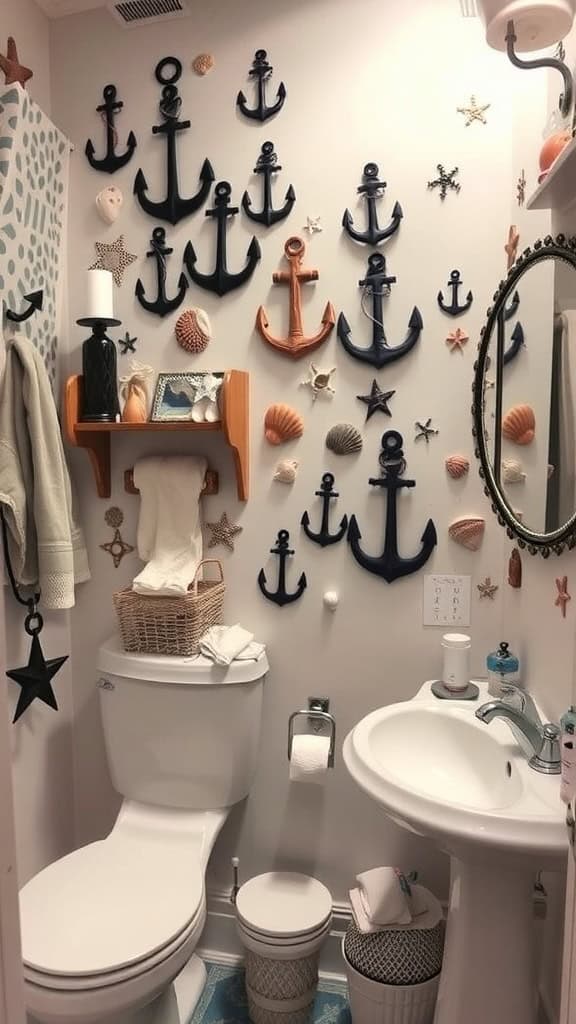 A bathroom decorated with anchors and seashells on the wall.