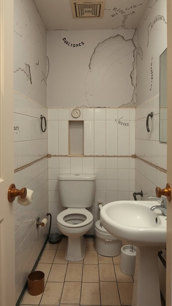 A neglected bathroom with peeling paint and dirty tiles.