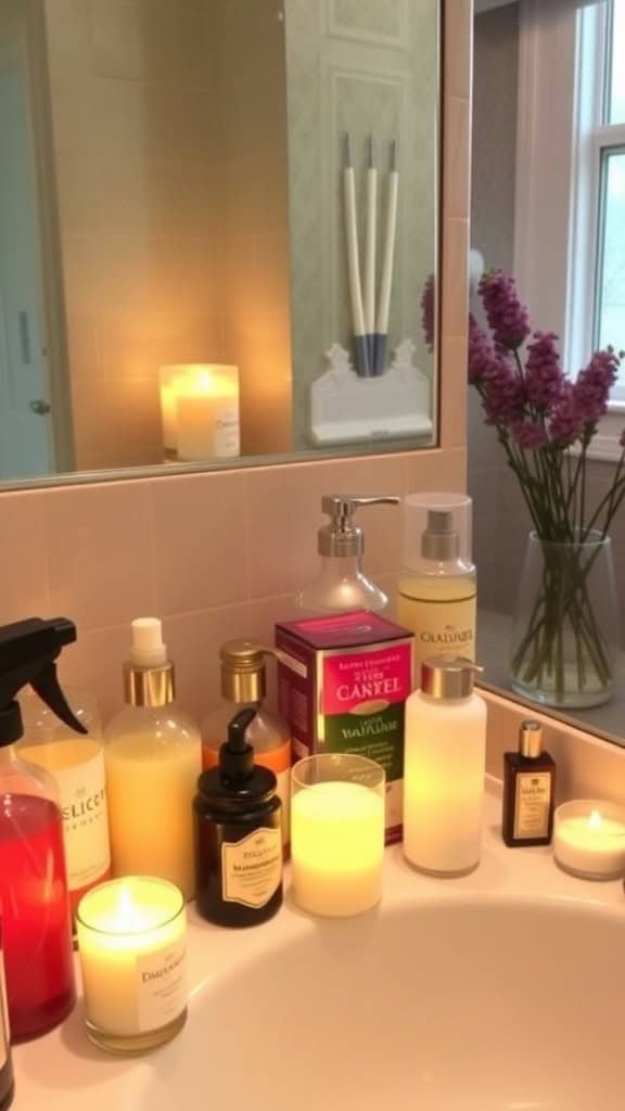A bathroom filled with various scented products and candles.