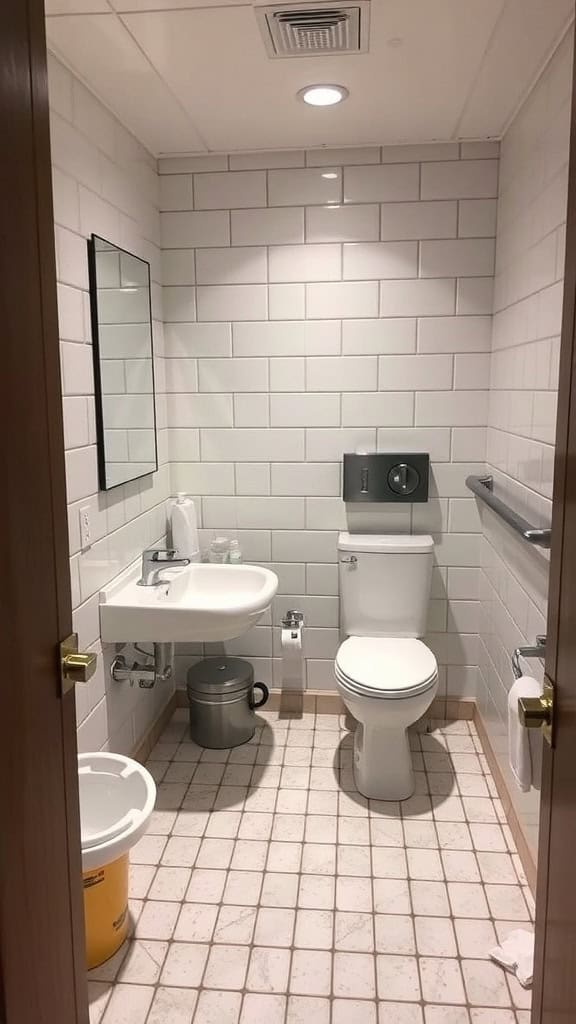 A small bathroom with basic fixtures and minimal decorations.