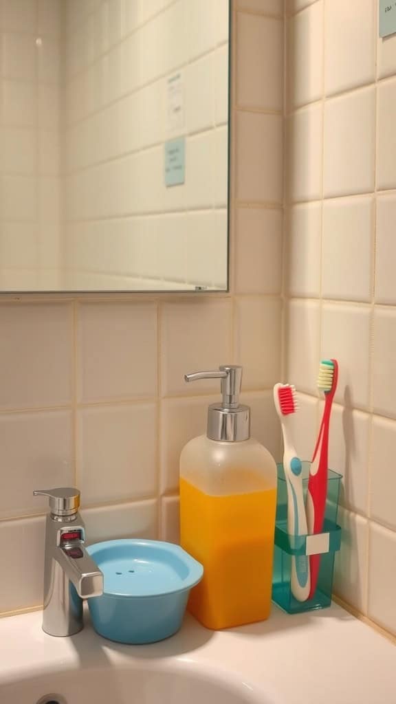 A bathroom sink with plastic accessories including a soap dispenser, a blue bowl, and toothbrushes in a holder.
