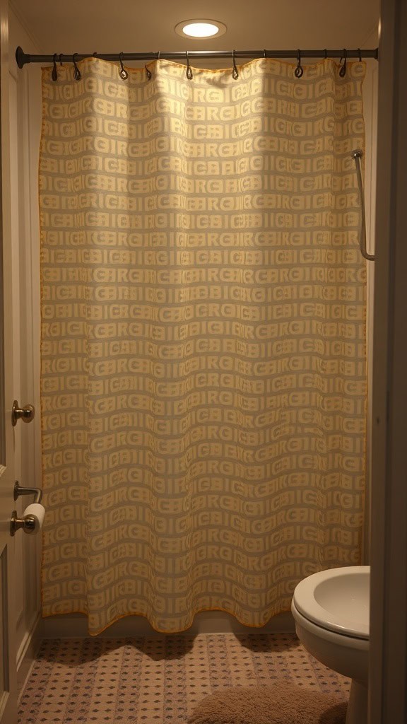 An old shower curtain hanging in a bathroom.