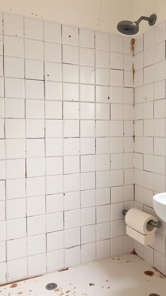 A bathroom with dirty grout and caulk, showing neglect in maintenance.