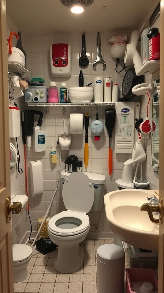 A cluttered bathroom filled with various gadgets and tools.
