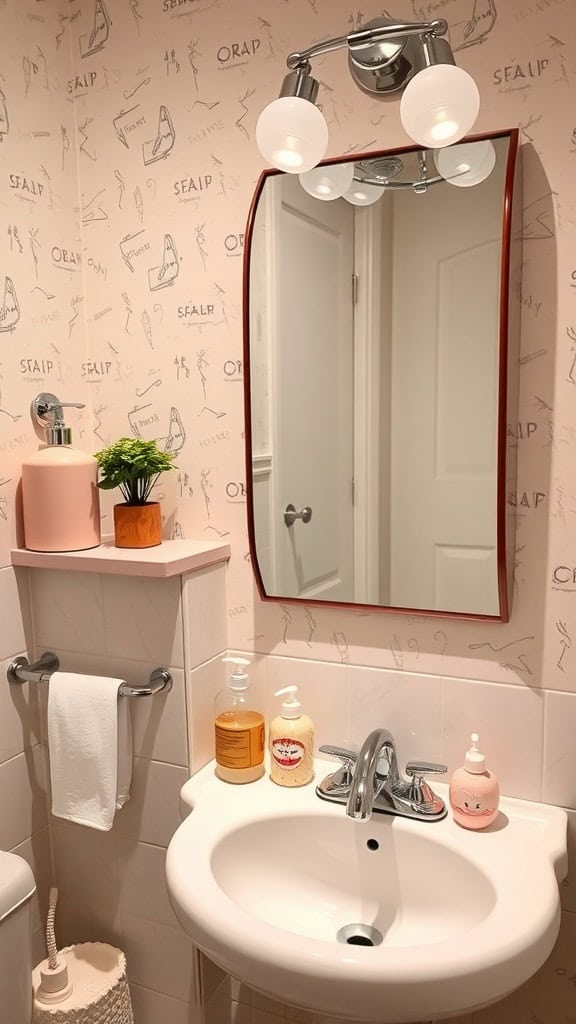 A small bathroom with cutesy decorations and a mirror.