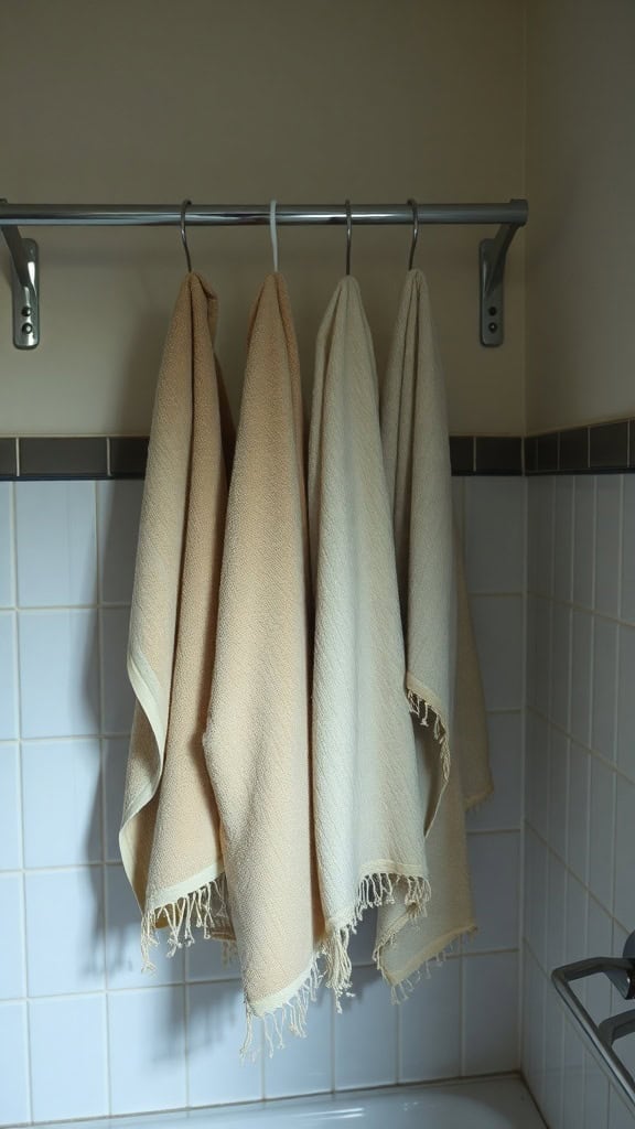 A set of old and worn towels hanging on a rack in a bathroom.
