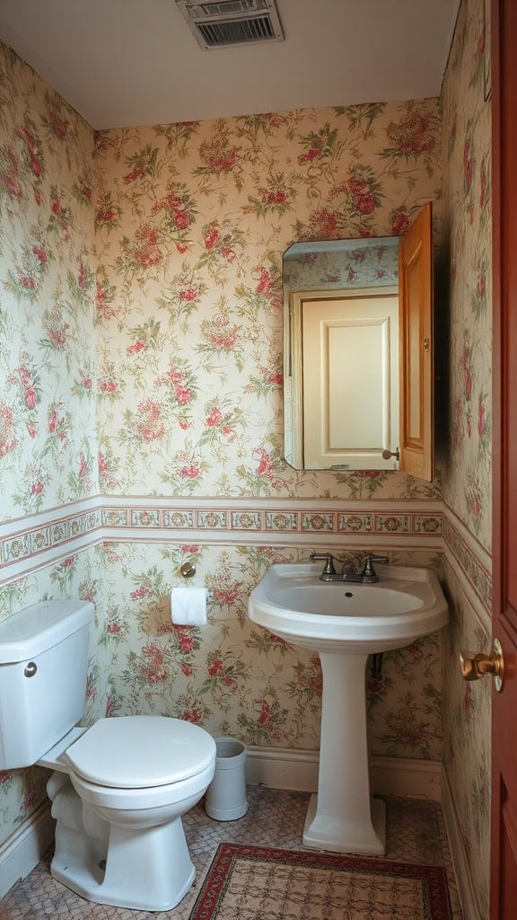 A small bathroom with floral dated wallpaper, a white toilet, and a pedestal sink.