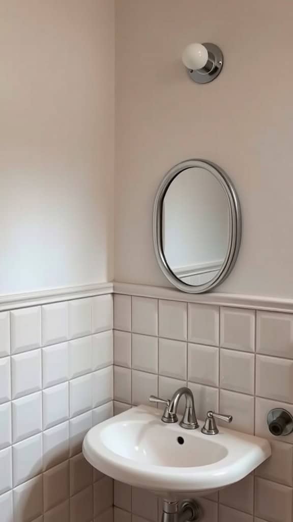 A small oval mirror above a sink in a bathroom.