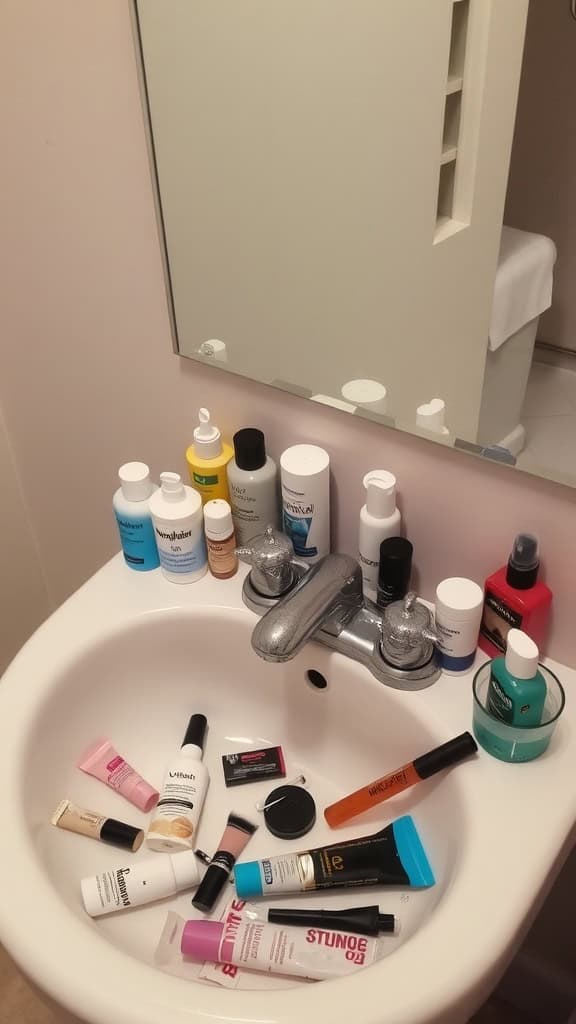 Cluttered bathroom sink filled with various beauty and grooming products.