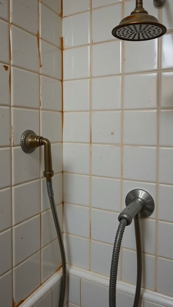 A bathroom with outdated fixtures showing rust and stains.