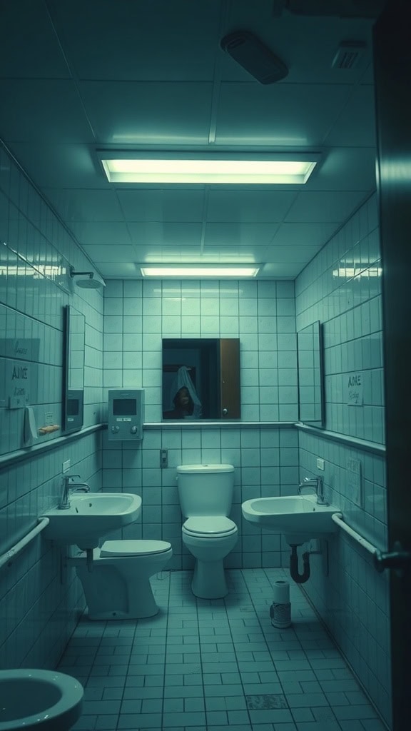 A bathroom with bright overhead lights and white tiles.