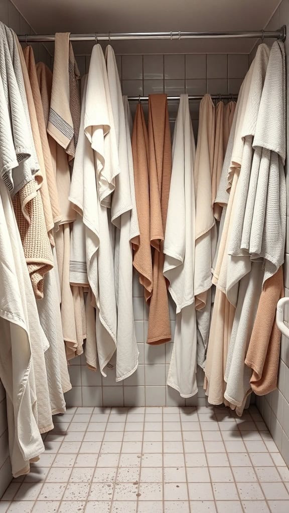 A bathroom with an excessive number of towels hanging on a rack.