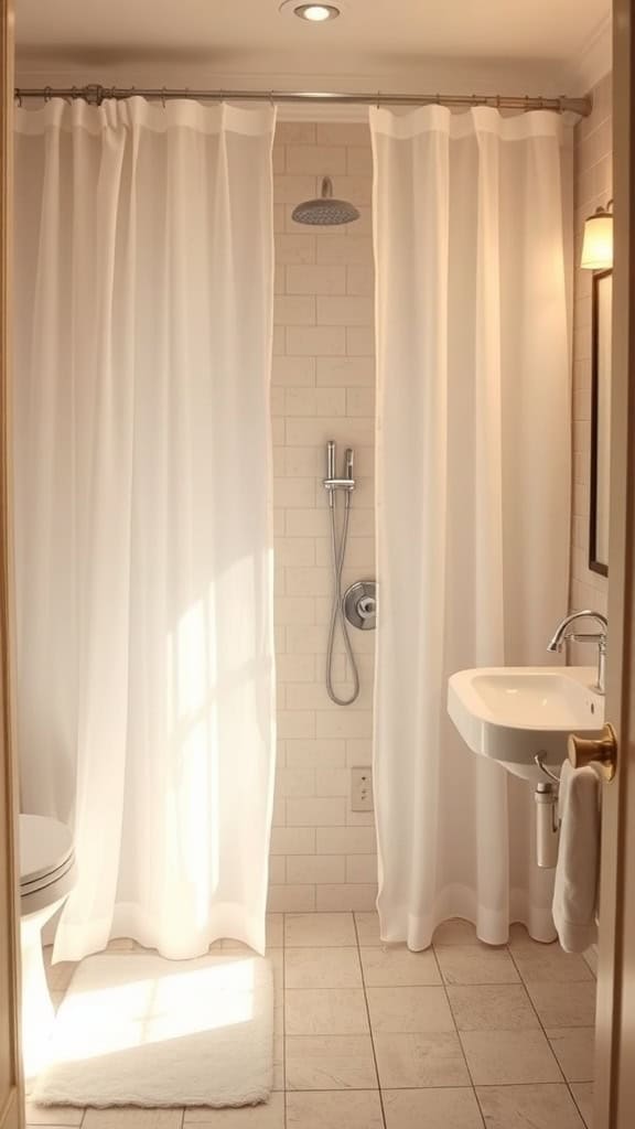 A bathroom with sheer curtains and minimal privacy elements.