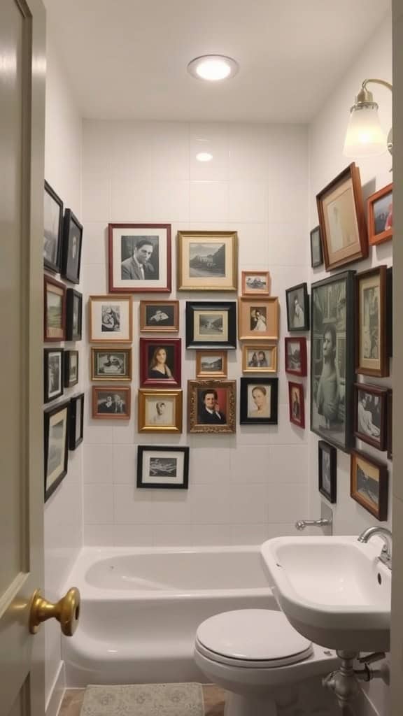 A bathroom with an excessive number of framed artworks on the walls.