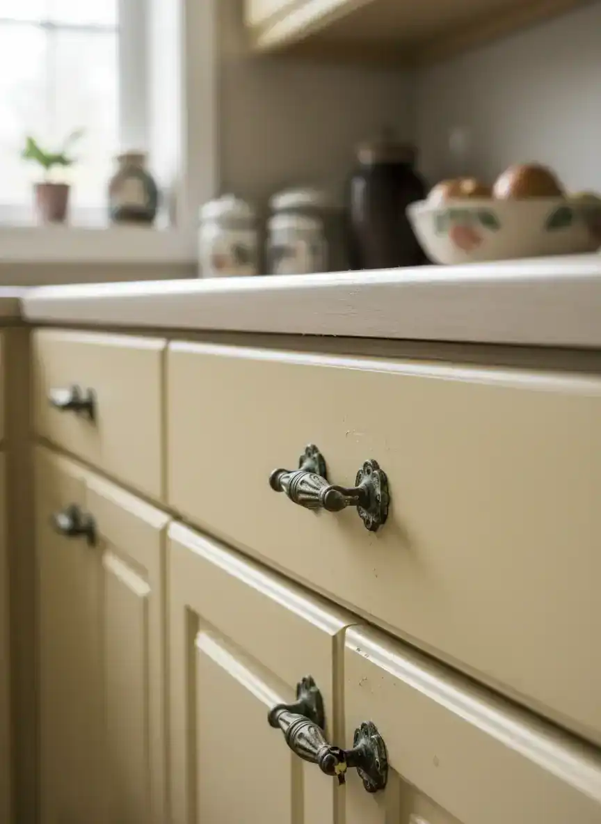 Outdated Hardware on Cabinets and Drawers