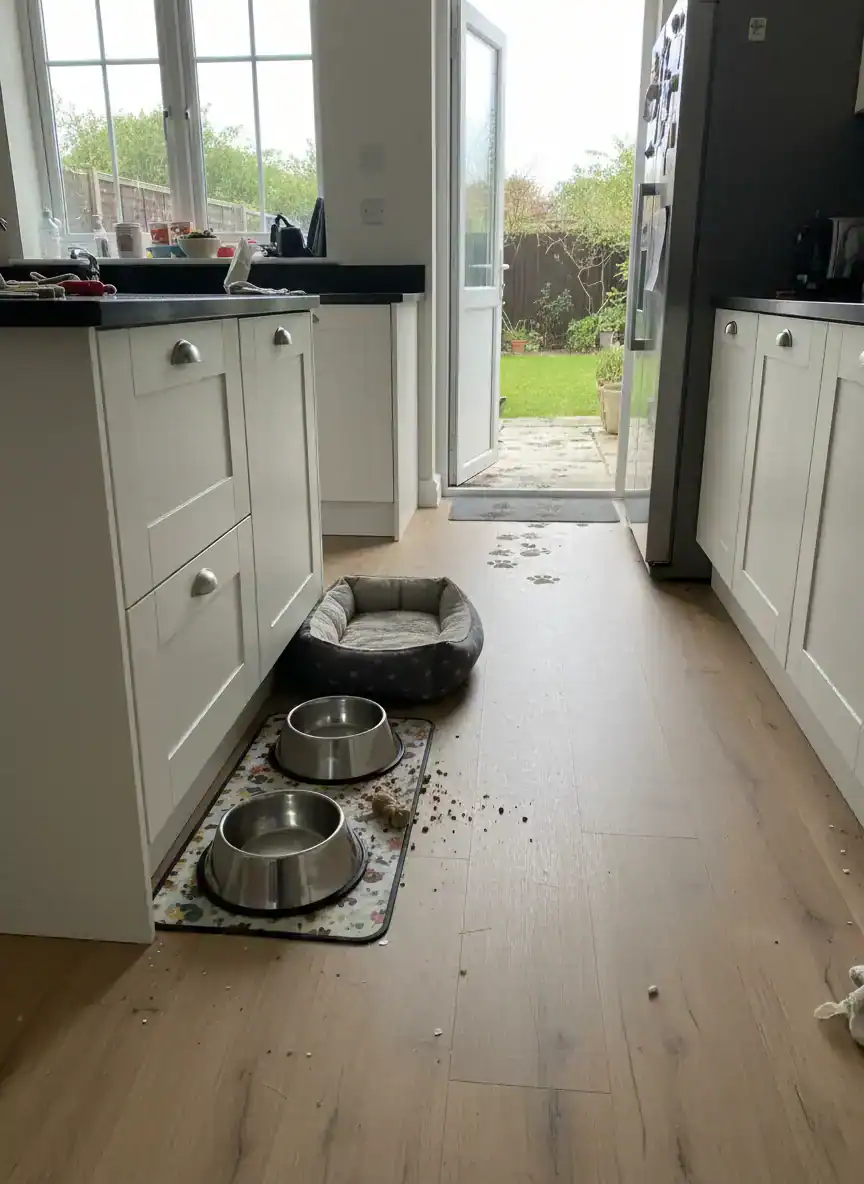 Obvious Pet Bowls and Mats in the Main Pathway