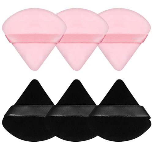 Pimoys 6 Pieces Powder Puff, Face Makeup Sponge Soft Velour Triangle Powder Puffs Beauty Sponge for Loose Powder (Black, Pink)