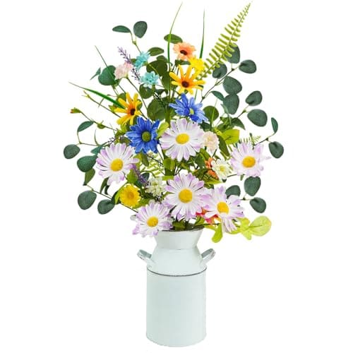 Krissing Fake Flowers with Vase, 23" Tall Faux Floral Arrangement in Metal Pot Silk Artificial Wild Yellow Flowers Greenery Stems for Table Centerpieces Home Dining Room Spring Decor