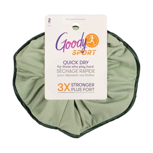 Goody Sport Forever Scrunchies, 2 Ct, Blue & Green, 3X Stronger Hair Scrunchies, Damage-Free Sport-Level Grip for Active Lifestyles, Quick-Dry Styling Accessories for Women & Men, All Hair Types