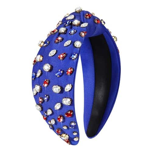 NVENF American Flag Headband for Women 4th of July Headband Accessories Red White Blue Rhinestone Crystal Knotted Hairband Patriotic Hair Accessory Outfit Gifts (A-Blue Flag)