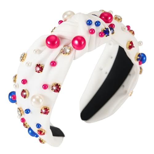 Gmmidea 4th of July Headbands for Women Red White Blue Pearl Rhinestone Jeweled Knotted Headband American Flag White Patriotic Hairband Sparkle Girls Independence Day Accessories