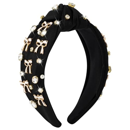 PANTIDE Black Bow Jeweled Knotted Headband - Rhinestone Crystal Pearl Embellished Headband Wide Top Knot Non Slip Hairband Accessories Bachelorette Wedding Birthday Gift for Women Girl (Black)